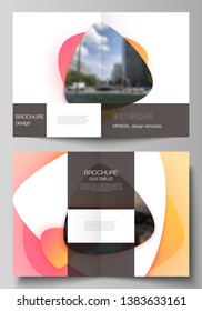 Vector layout of two A4 format modern cover mockups design templates for bifold brochure, magazine, flyer, booklet. Yellow color gradient abstract dynamic shapes, colorful geometric template design.