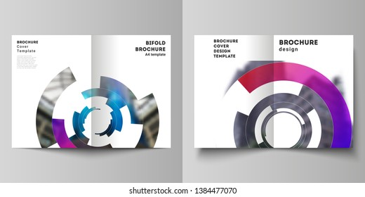 Vector layout of two A4 format modern cover mockups design templates for bifold brochure, flyer, booklet, report. Futuristic design circular pattern, circle elements forming geometric frame for photo.