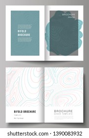 The vector layout of two A4 format modern cover mockups design templates for bifold brochure, magazine, flyer, booklet, annual report. Topographic contour map, abstract monochrome background.