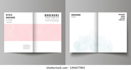 The vector layout of two A4 format modern cover mockups design templates for bifold brochure, magazine, flyer, booklet, annual report. Topographic contour map, abstract monochrome background.