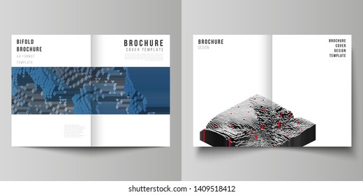 Vector layout of two A4 format modern cover mockups design templates for bifold brochure, flyer, annual report. Big data. Dynamic geometric background. Cubes pattern design, motion effect. 3d style.