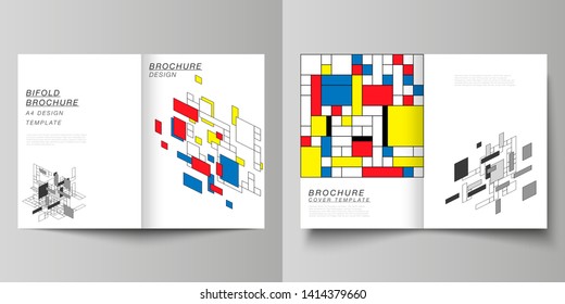 The vector layout of two A4 format modern cover mockups design templates for bifold brochure, magazine, flyer. Abstract polygonal background, colorful mosaic pattern, retro bauhaus de stijl design.