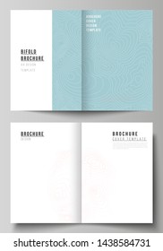 The vector layout of two A4 format modern cover mockups design templates for bifold brochure, magazine, flyer, booklet, annual report. Topographic contour map, abstract monochrome background.