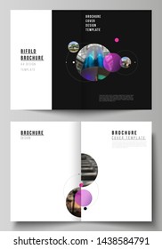 Vector layout of two A4 format modern cover mockups design templates for bifold brochure, flyer, booklet. Simple design futuristic concept. Creative background with circles that form planets and stars