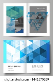 The vector layout of two A4 format cover mockups design templates for bifold brochure, magazine, flyer, booklet, annual report. Blue color polygonal background with triangles, colorful mosaic pattern.