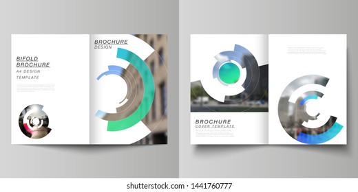 Vector layout of two A4 format modern cover mockups design templates for bifold brochure, flyer, booklet, report. Futuristic design circular pattern, circle elements forming geometric frame for photo.