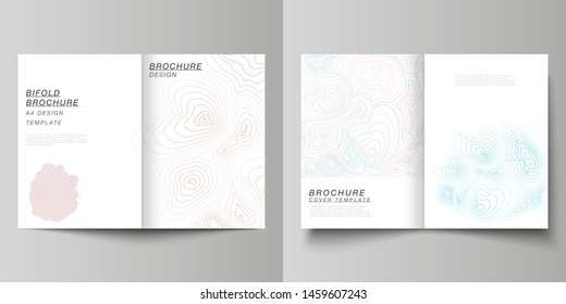 The vector layout of two A4 format modern cover mockups design templates for bifold brochure, magazine, flyer, booklet, annual report. Topographic contour map, abstract monochrome background.