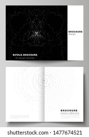 Vector layout of two A4 format modern cover mockups design templates for bifold brochure, flyer, booklet, report. Trendy modern science or technology background with dynamic particles. Cyberspace grid