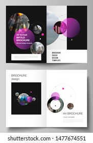 Vector layout of two A4 format modern cover mockups design templates for bifold brochure, flyer, booklet. Simple design futuristic concept. Creative background with circles that form planets and stars