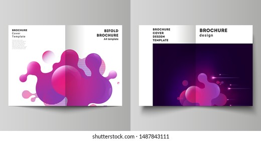 The vector layout of two A4 format modern cover mockups design templates for bifold brochure, flyer, booklet, report. Black background with fluid gradient, liquid pink colored geometric element.