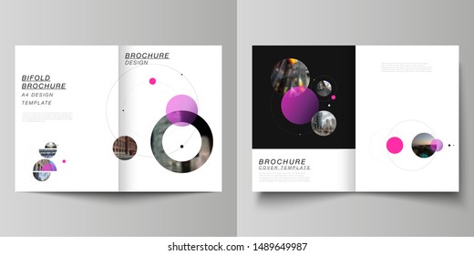 Vector layout of two A4 format modern cover mockups design templates for bifold brochure, flyer, booklet. Simple design futuristic concept. Creative background with circles that form planets and stars