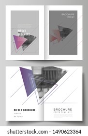 The vector layout of two A4 format modern cover mockups design templates for bifold brochure, magazine, flyer, booklet, report. Colorful polygonal background with triangles with modern memphis pattern