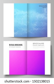 Vector layout of two A4 format modern cover mockups design templates for bifold brochure, magazine, flyer, booklet, annual report. Abstract geometric pattern with colorful gradient business background