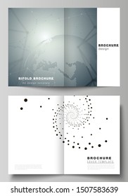 The vector layout of two A4 format cover mockups design templates for bifold brochure, magazine, flyer, booklet, annual report. Technology, science, future concept abstract futuristic backgrounds.