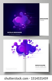 The vector layout of two A4 format cover mockups design templates for bifold brochure, magazine, flyer, booklet, report. Black background with fluid gradient, liquid blue colored geometric element.