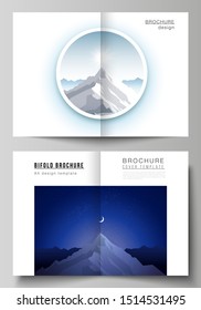 Vector layout of two A4 format modern cover mockups design templates for bifold brochure, magazine, flyer. Mountain illustration, outdoor adventure. Travel concept background. Flat design vector.