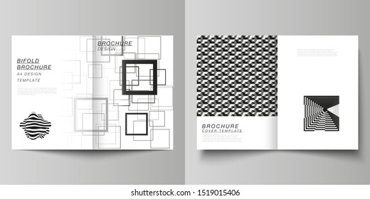 Vector layout of two A4 format modern cover mockups design templates for bifold brochure, flyer, booklet, report. Geometric abstract background in minimalistic flat style with dynamic composition.