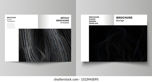The vector layout of two A4 format modern cover mockups design templates for bifold brochure, magazine, flyer, booklet, annual report. Smooth smoke wave, hi-tech concept black color techno background.