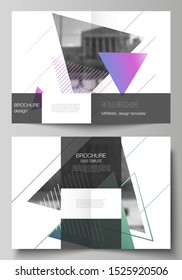 The vector layout of two A4 format modern cover mockups design templates for bifold brochure, magazine, flyer, booklet, report. Colorful polygonal background with triangles with modern memphis pattern