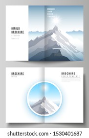 Vector layout of two A4 format modern cover mockups design templates for bifold brochure, magazine, flyer. Mountain illustration, outdoor adventure. Travel concept background. Flat design vector.