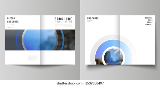 The vector layout of two A4 format modern cover mockups design templates for bifold brochure, magazine, flyer, booklet, annual report. Creative modern blue background with circles and round shapes.