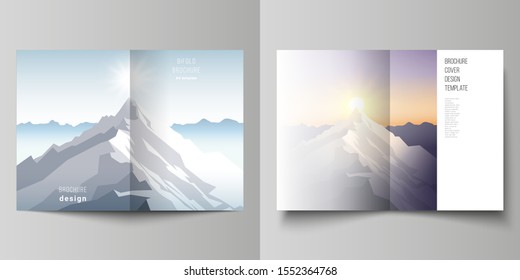 Vector layout of two A4 format modern cover mockups design templates for bifold brochure, magazine, flyer. Mountain illustration, outdoor adventure. Travel concept background. Flat design vector.