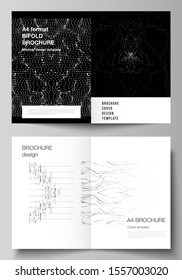 Vector layout of two A4 format modern cover mockups design templates for bifold brochure, flyer, booklet, report. Trendy modern science or technology background with dynamic particles. Cyberspace grid