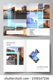 Vector layout of two A4 format modern cover mockups design templates for bifold brochure, magazine, flyer, booklet, annual report. Creative trendy style mockups, blue color trendy design backgrounds.