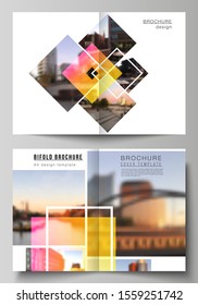 Vector layout of two A4 format modern cover mockups design templates for bifold brochure, magazine, flyer, booklet, annual report. Creative trendy style mockups, blue color trendy design backgrounds.