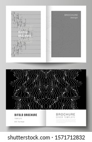Vector layout of two A4 format modern cover mockups design templates for bifold brochure, flyer, booklet, report. Trendy modern science or technology background with dynamic particles. Cyberspace grid