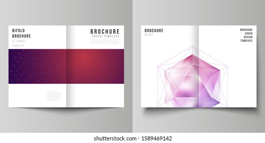 Vector layout of two A4 format modern cover mockups design templates for bifold brochure, flyer, booklet. 3d polygonal geometric modern design abstract background. Science or technology vector.