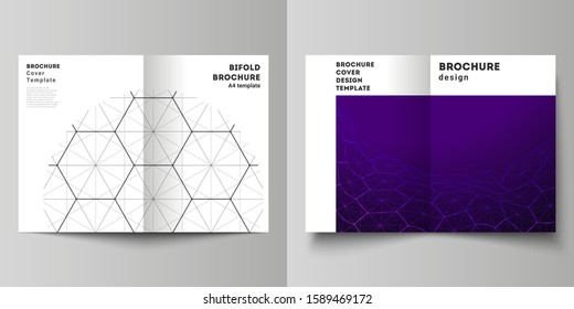 Vector layout of two A4 format modern cover mockups design templates for bifold brochure. Digital technology and big data concept with hexagons, connecting dots and lines, science medical background.