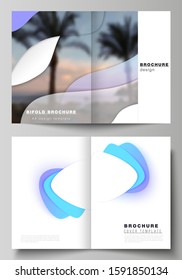 Vector layout of two A4 format modern cover mockups design templates for bifold brochure, magazine, flyer, booklet. Blue color gradient abstract dynamic shapes, colorful geometric template design.