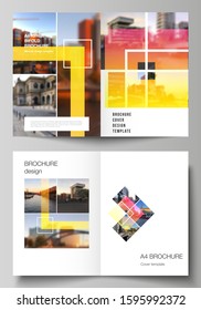 Vector layout of two A4 format modern cover mockups design templates for bifold brochure, magazine, flyer, booklet, annual report. Creative trendy style mockups, blue color trendy design backgrounds.