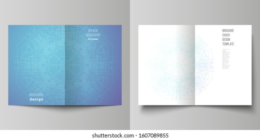 Vector layout of two A4 format modern cover mockups design templates for bifold brochure, flyer, booklet, report. Big Data Visualization, geometric communication background, connected lines and dots.