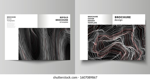 The vector layout of two A4 format modern cover mockups design templates for bifold brochure, magazine, flyer, booklet, annual report. 3D grid surface, wavy vector background with ripple effect.