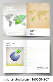 Vector layout of two A4 format cover mockups design templates for bifold brochure, flyer, cover design, book design, brochure cover. Save Earth planet concept. Sustainable development global concept.