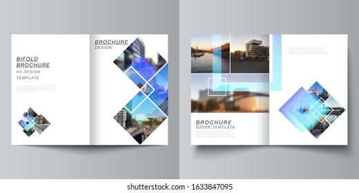 Vector layout of two A4 format modern cover mockups design templates for bifold brochure, magazine, flyer, booklet, annual report. Creative trendy style mockups, blue color trendy design backgrounds.