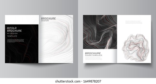 The vector layout of two A4 format modern cover mockups design templates for bifold brochure, magazine, flyer, booklet, annual report. 3D grid surface, wavy vector background with ripple effect.