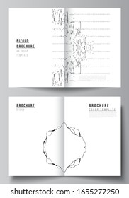 Vector layout of two A4 format modern cover mockups design templates for bifold brochure, flyer, booklet, report. Trendy modern science or technology background with dynamic particles. Cyberspace grid