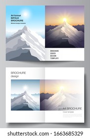 Vector layout of two A4 format modern cover mockups design templates for bifold brochure, magazine, flyer. Mountain illustration, outdoor adventure. Travel concept background. Flat design vector.