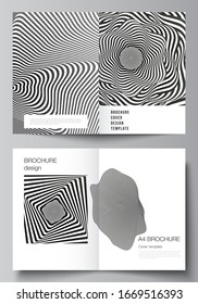 Vector layout of two A4 format modern cover mockups design templates for bifold brochure, flyer, booklet, report. Abstract 3D geometrical background with optical illusion black design pattern.