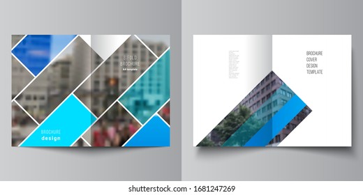 Vector layout of two A4 format modern cover mockups design templates for bifold brochure, magazine, flyer, booklet, report. Abstract geometric pattern creative modern blue background with rectangles.