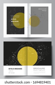 Vector layout of two A4 format modern cover mockups design templates for bifold brochure, flyer, booklet. Science or technology 3d background with dynamic particles. Chemistry and science concept.