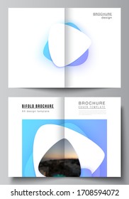 Vector layout of two A4 format modern cover mockups design templates for bifold brochure, magazine, flyer, booklet. Blue color gradient abstract dynamic shapes, colorful geometric template design.