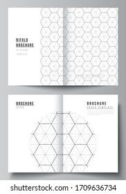 Vector layout of two A4 format modern cover mockups design templates for bifold brochure. Digital technology and big data concept with hexagons, connecting dots and lines, science medical background.