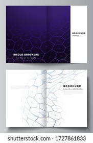 Vector layout of two A4 format modern cover mockups design templates for bifold brochure. Digital technology and big data concept with hexagons, connecting dots and lines, science medical background