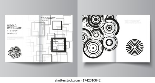 Vector layout of two A4 format modern cover mockups design templates for bifold brochure, flyer, booklet, report. Geometric abstract background in minimalistic flat style with dynamic composition.