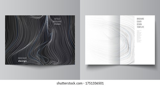 The vector layout of two A4 format modern cover mockups design templates for bifold brochure, magazine, flyer, booklet, annual report. Smooth smoke wave, hi-tech concept black color techno background