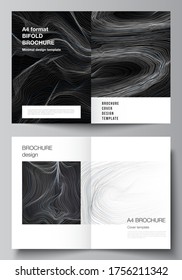 The vector layout of two A4 format modern cover mockups design templates for bifold brochure, magazine, flyer, booklet, annual report. Smooth smoke wave, hi-tech concept black color techno background.